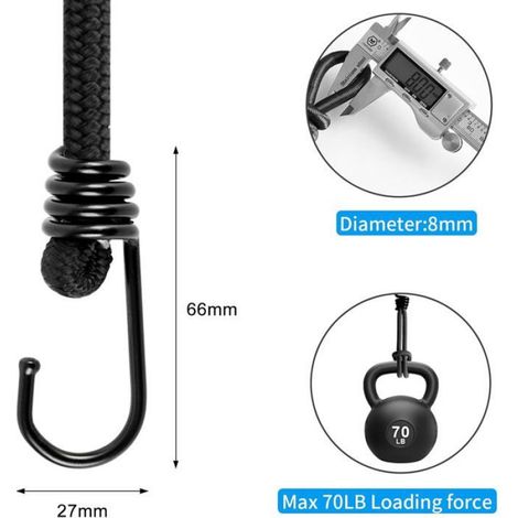 Sandows Élastiques - 60 cm - Crochets Métalliques - Pour Arrimage Bâche Tente Remorque Bateau - Lot de 10 (1/5)