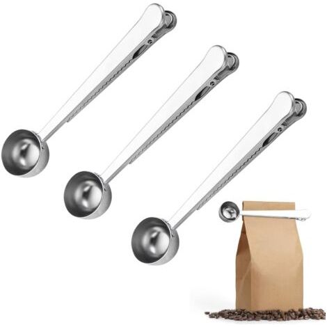 PA Kaffee-Messlöffel mit Beutel-Clip, 3 Stück, Kaffee-Dosierlöffel, langer Griff, silberfarben, 2-in-1-Edelstahl-Kaffeelöffel für Milchpulver, Gewürze, Kaffee und Bohnen (1/5)