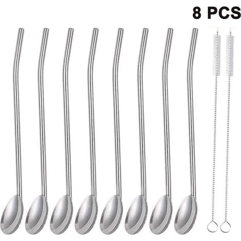 Cuillère à paille en acier inoxydable, pailles réutilisables en métal, cuillère à boire en métal, ensemble de cuillères à cocktail avec paille, cuillère à latte macchiato (8 pièces) (1/2)