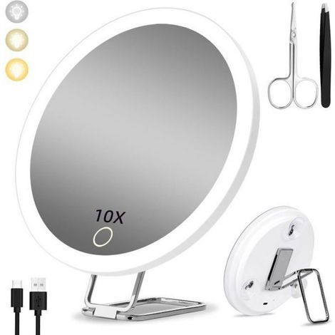 Miroir grossissant 10X avec lumière, 15cm 3 Modes de Couleur Dimming Miroir 3 ventouses et support de table 360°, Noir (1/4)