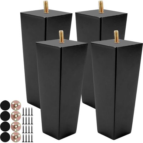 Lot de 4 pieds de table en bois massif de 15 cm - Pieds de meubles en chêne massif avec plaques de montage, patins en caoutchouc et vis - Pieds en bois noir pour lit, canapé, meubles (1/5)