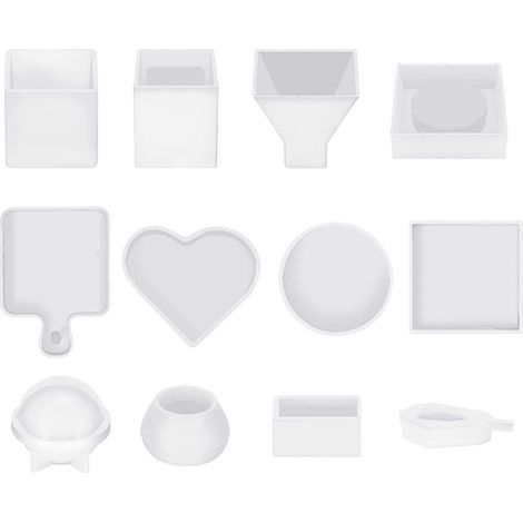 Kit de moules en résine silicone de 12 pièces, moules en résine époxy, comprenant des porte-stylos, des plateaux, des cœurs et des cercles. (1/5)