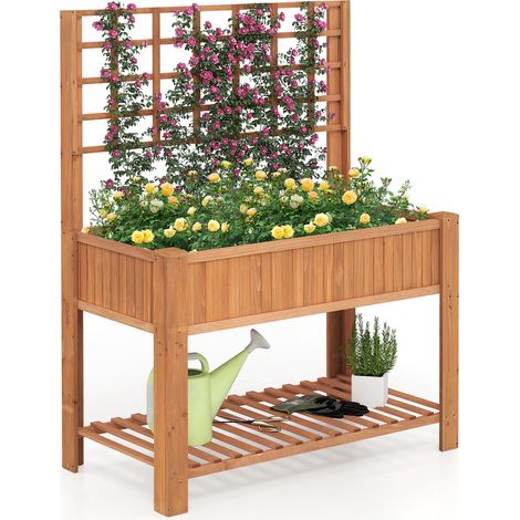 Bac potager surélevé en bois de sapin avec treillis et pieds, grand bac à planter surélevé orange pour légumes, aromates et plantes grimpantes (1/5)