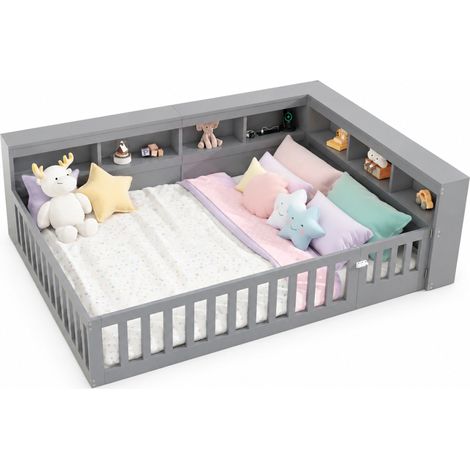Cama 140x190 cm con almacenaje lateral, enchufe y USB, barrera abatible, estructura de tablero aglomerado y MDF, sin colchón, color gris ideal para dormitorio  CHICFURN (1/5)