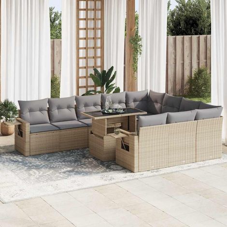 Salon de jardin 11 pcs avec coussins beige résine tressée (1/5)