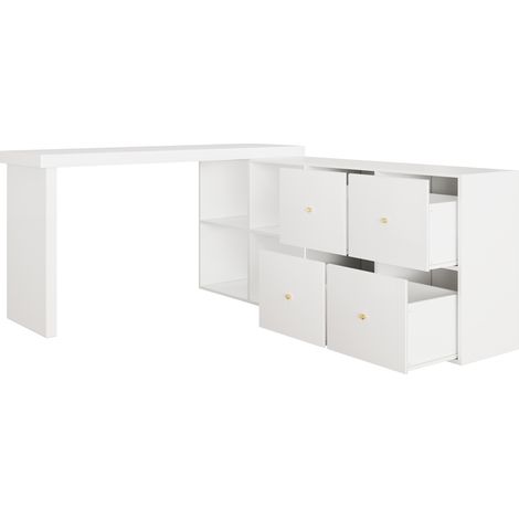 Table d’angle, plateau pivotant à 360°-installable en L ou en ligne droite, MDF, plateau et pieds renforcés de 4 cm, avec 4 compartiments, 4 tiroirs, blanc, installation flexible, bureau (1/5)