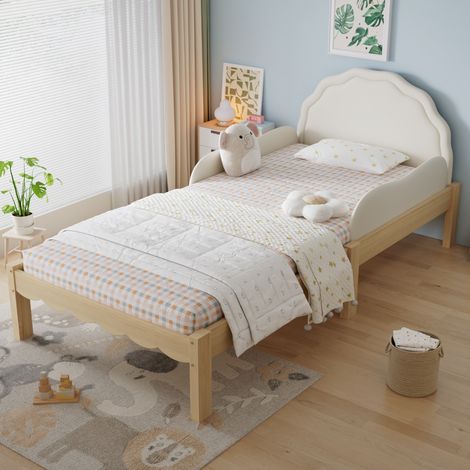 Kinderbett 90x200 cm Beige/Natur Holz mit gepolstertem Kopfteil und seitlichen Schutzgeländern (1/5)