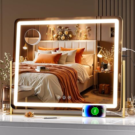 Hasipu Schminkspiegel mit Licht, Spiegel mit Beleuchtung, LED Kosmetikspiegel mit 10x Vergrößerung und USB-Ladeanschluss, 3 Farbtemperatur Licht, Smart Touch, 65 x 54 cm Rund Gold