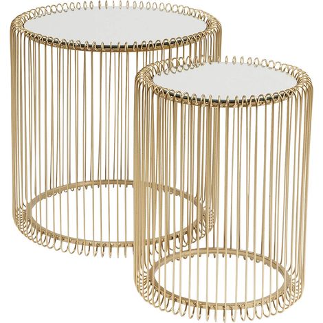 Kare Design tavolino d'appoggio Wire Brass, oro, vetro, set da 2 pz, dimensioni tavolino grande Ø39x45x44cm tavolino piccolo Ø27x42x33cm, (1/4)