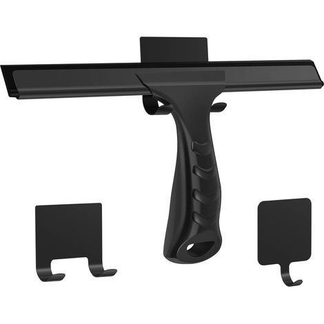 Tergivetro per doccia, tergivetro per vetri, tergivetro in acciaio inox, multifunzionale con gancio quadrato per la pulizia di bagno, cucina, specchi, auto, finestre e vetri (nero) (1/5)