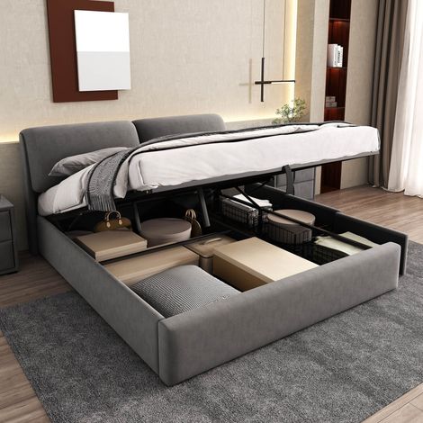 Lit coffre 160x200 cm en velours avec rangement hydraulique, 3 tiroirs, tête de lit rembourrée et sommier à lattes - Gris (1/5)