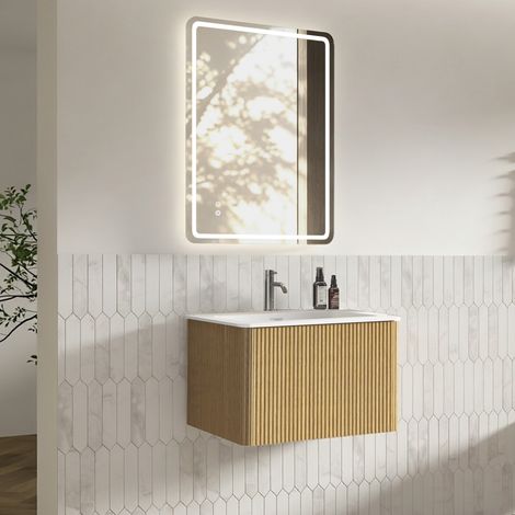 Conjunto de muebles de baño con espejo, mueble de lavabo de 60 cm con armario bajo, premontado, armario a rayas con un cajón, acabado en roble, espejo LED de 60 × 80 cm, sin marco, se puede montar hor (1/5)