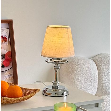 Lampe de table vintage pied métal poli abat-jour lin culot E27 (1/5)