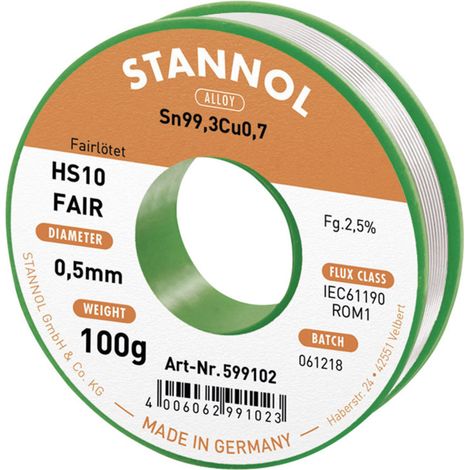 Stannol HS10-Fair Lötzinn Spule Sn99,3Cu0,7 ROM1 100 g 0.5 mm
