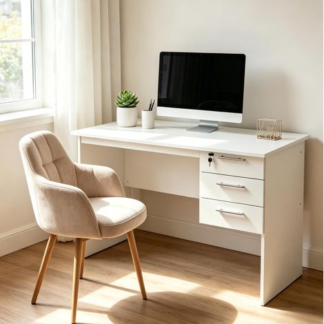 Escritorio de ordenador 120 x 60 x 75 cm con 3 cajones con cerradura, blanco HAVRYA (1/5)