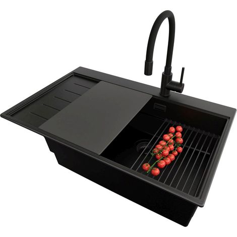 PRIMAGRAN Evier Cuisine en Granit 78x50cm,Lavabo 1 bac + Robinet 40x38cm + Kit de Vidage + Accessoires, Évier à Encastrer au meuble 60cm - Sydney, Tout Noir (1/5)