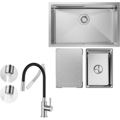 Küchenspüle 1.5 Becken 70x44cm EdelstahlSpüle Gebürstete Unterbauspüle + Universeller Küchenarmatur Gebürstete Küche Wasserhahn Hohe 380MM (1/5)
