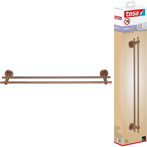 tesa MOON Portasciugamani doppio in bronzo spazzolato - Portasciugamani adesivo a 2 barre - in metallo rivestito in PVD - non richiede foratura, soluzione adesiva inclusa - 112 mm x 640 mm x 50 mm