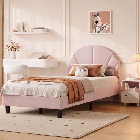 Lit enfant rembourré 90x200 cm avec tête de lit réglable, Lit simple 90x200 cm avec sommier à lattes en bois, Velours, Rose, sans Matelas (1/5)
