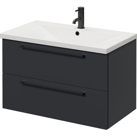 Napoli 460 Gloss Grey 800mm Wall Mounted 2 Drawer Vanity Unit with Glide Basin - 800mm - Matt Black 480mm Handle