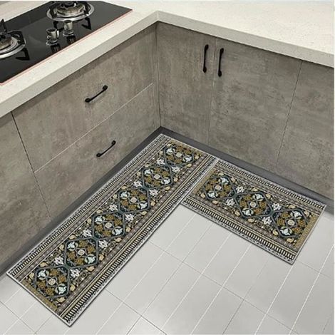 Tapis de cuisine - - Lot de 2 - Motif géométrique - Antidérapants - Lavables - 40 x 60 cm + 40 x 120 cm (1/4)
