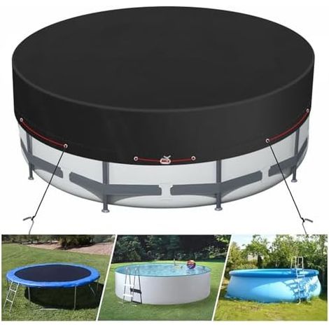 Bâche solaire pour piscine hors sol – Couverture de réservoir ronde, imperméable et résistante aux UV – Avec clous au sol, treuil et câble (noir, 6,3 m) (1/5)