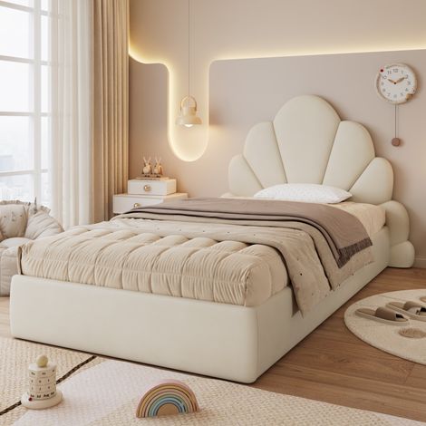 Lit Simple 90x200cm, Lit avec tête de lit capitonnée en forme de pétale pour chambre enfant et ado, en velours doux avec sommier, Beige (1/5)