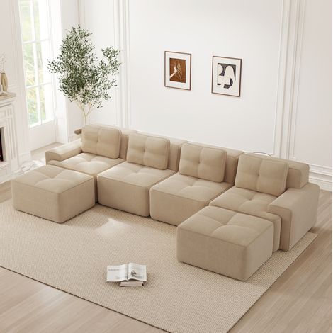 REDOM - Sofá modular en U 4 plazas, asiento profundo, respaldo curvo, tejido corduroy beige (1/5)