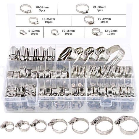 80 Pièces Collier Serrage Inox 6-38mm Colliers de Serrage Acier Réglable Tuyau Clips Ajustable Assortiment de 7 Tailles (1/4)