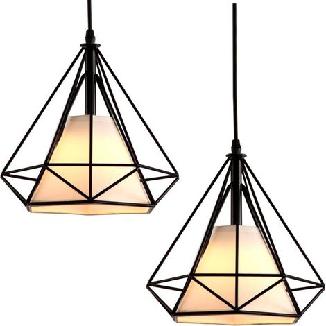 (2X) Plafonnier Vintage En Forme De Cage De Diamant 25CM Lampe De Plafond En Fer Lustre De Restaurant, Bar, (Noir)