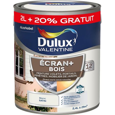 ECRAN+ BOIS - Peinture satinée pour bois extérieur - Volets, portes, fenêtres, portails - Blanc 2 L + 20% gratuit - Dulux Valentine