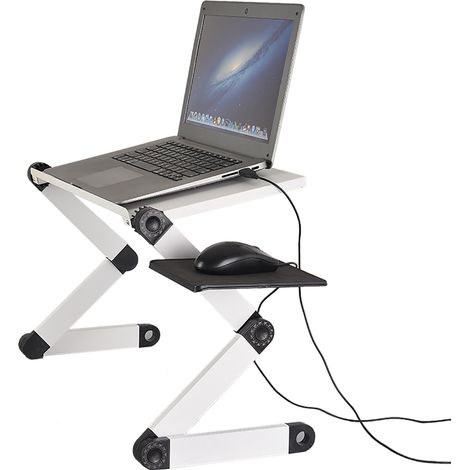 Support d'ordinateur portable ergonomique réglable pliable, rehausseur d'ordinateur portable pour bureau à domicile et voyage, 3 pieds pliants, 48 cm/18,9 pouces blanc, avec ventilateur et tapis de so (1/5)