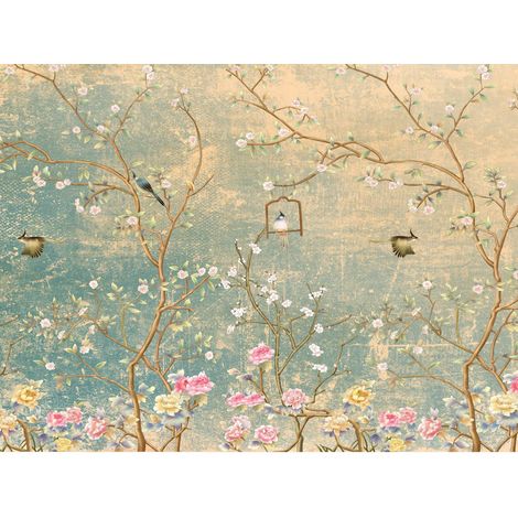 papier peint panoramique fleurs et oiseaux bleu canard - Sanders & Sanders (1/5)