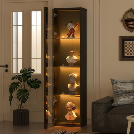 Vetrina 40x29x170 cm nera in pannelli di particelle con divisorio trasparente e illuminazione LED regolabile (1/5)