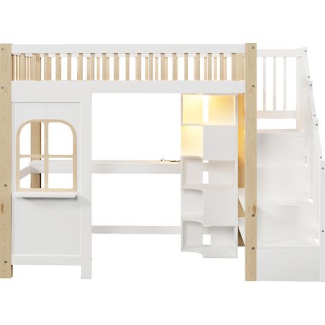 Cama alta 90x200 cm con LED, escritorio, almacenaje y escalera, blanco y natural (1/5)