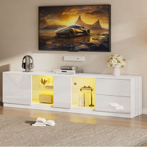 Mobile TV 160x40x52 cm in MDF bianco, con vano contenitore e LED per salotto FLORAGRACE (1/5)