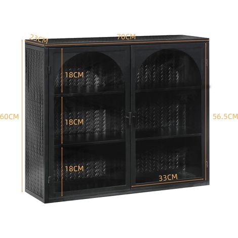 Meuble mural deux portes vitrées 70 cm moderne, trois niveaux de rangement pour entrée, salon, salle de bain et salle à manger, motif tressé décoratif, noir (1/4)
