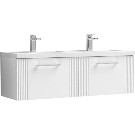 Nuie Deco Satin White 1200mm Wall Hung 2 Drawer Vanity Unit and Double Polymarble Basins - DPF194C (1/5)
