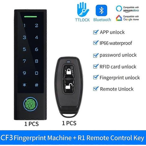 Clavier de contrôle d'accès par empreinte digitale RFID, application TTLOCK pour smartphone, entrée Bluetooth, relais étanche, lecteur de carte à puce, ouvre-porte de serrure CF3 avec télécommande (1/5)