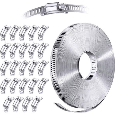 DIY-Rohrschellen-Sortiment aus Edelstahl 304, zuschneidbares Metallband, große, verstellbare Schneckengetriebe-Rohrschellen, 15 m (1/5)