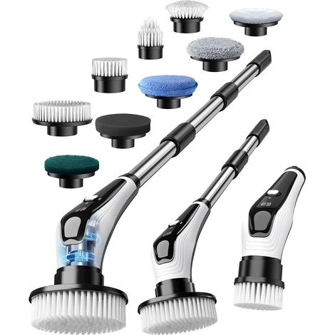 Brosse Rotative Nettoyage avec 9 Têtes, Manche Extensible 2 Vitesses, Batterie 3000mAh, Brosse Nettoyage Electrique étanche IPX8 pour Salle de Bain, Cuisine et Voiture (1/5)
