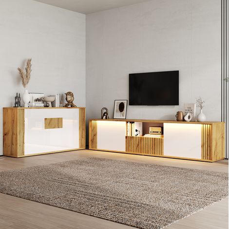 Wohnzimmermöbel Set, TV Lowboard 180x40x51 cm und Sideboard 140x35x71 cm, Bluetooth LED, MDF und Spanplatte, Weiß Holzton (1/5)