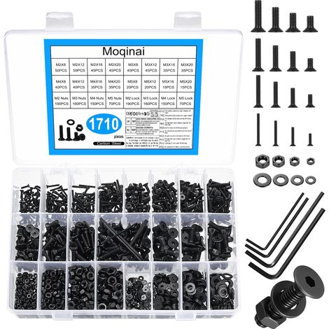 1710 Pièces Kit de Vis M2 M3 M4 M5, Vis Fraisées Noires, Vis à Tête Plate Hexagonale Interne, Écrous et Rondelles, Assortiment de Vis pour Machines avec Boîte de Rangement (1/5)