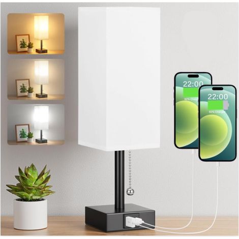 Lampes de Chevet, Lampe de Table avec Ports de Charge USB C+A, Petite Lampe avec 3 Modes de Couleur avec chaîne de Traction, Lampe de Chambre avec Abat Jour en Tissu Blanc Beige (1/4)