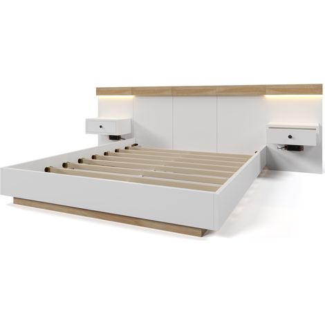 Cama doble 160 x 200 cm con 2 mesitas LED y toma USB-C blanco y roble Sonoma (1/5)