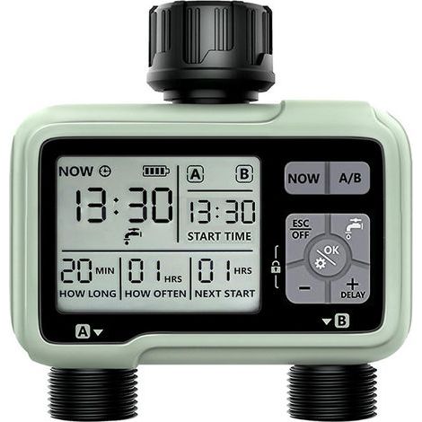 Programmateur d'arrosage numérique à 2 sorties, étanche (IPX5), arroseur de jardin programmable avec grand écran LCD (1/5)