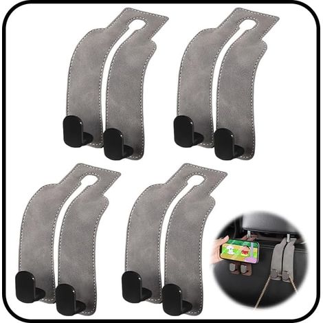 Set di 4 ganci per poggiatesta auto, ganci doppi per sedili auto, ganci portaoggetti in pelle, ganci multifunzionali per schienali sedili auto (grigio)
