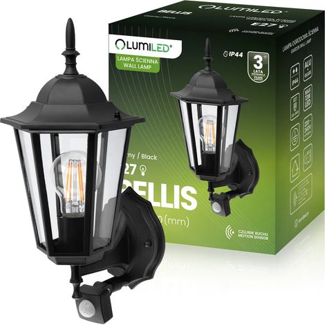 Applique murale extérieure LUMILED style vintage, éclairage vers le haut, 230 V, avec détecteur de mouvement, aluminium, verre noir, IP44, résistante aux projections d'eau, douille E27, pour jardin (1/5)