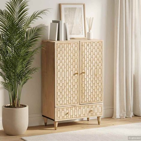 Buffet haut 60 x 33 x 100 cm en bois de manguier massif sculpté, finition blanchie - PANGIVO (1/5)