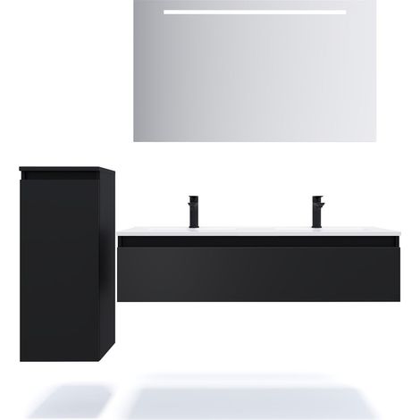 Meuble de salle de bain suspendu double vasque intégrée 120cm 1 tiroir Noir + miroir + colonne ouverture gauche - Hudson (1/5)